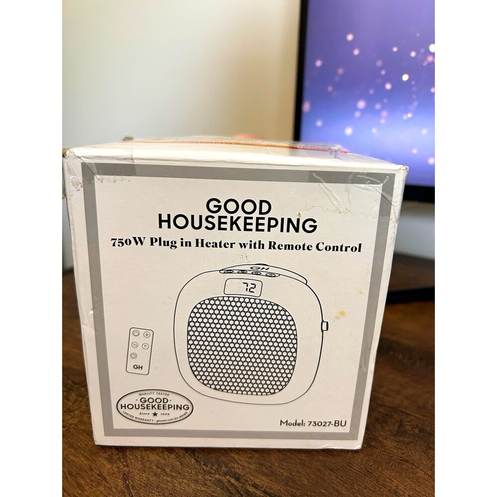 Good Housekeeping 750W Plug-In Ceramic Heater, Remote + Digital Thermostat, Blue